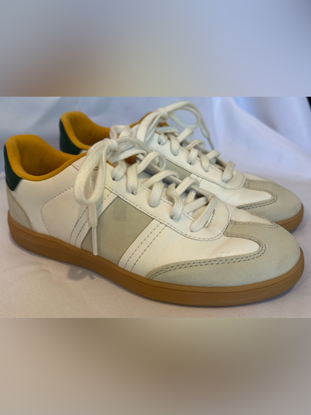 Zara White Sneakers with Tan Gum Sole and Green Heel